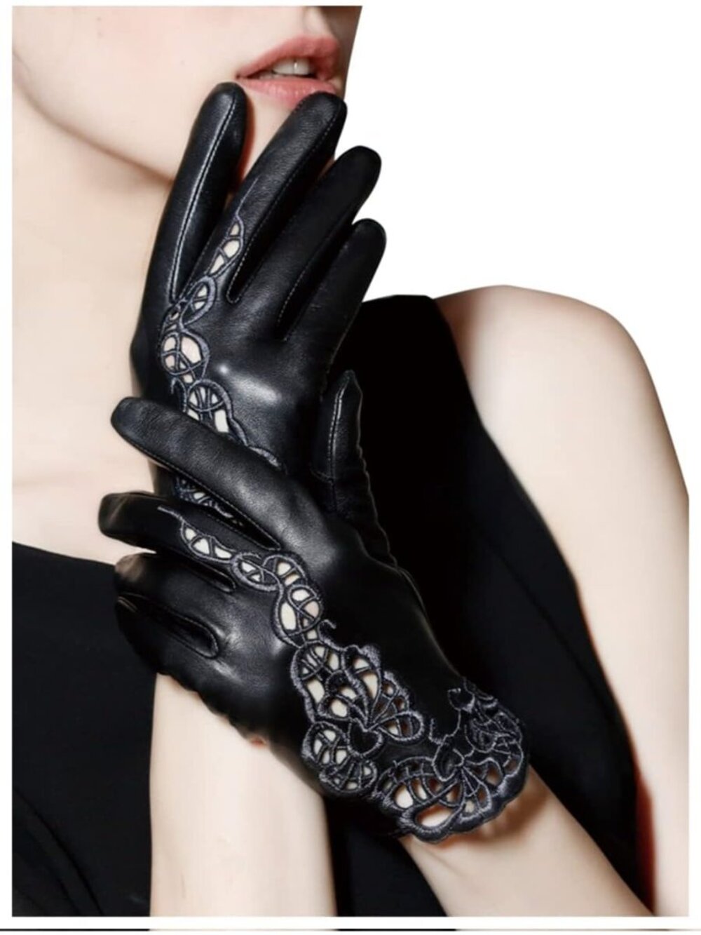 Women's Black Unlined Touchscreen Genuine Leather Floral Sheepskin Gloves